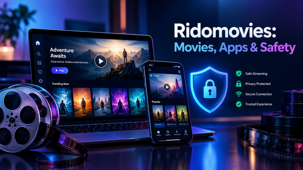 Ridomovies streaming and safety concept featuring a laptop and smartphone with generic movie interfaces, film reels, a glowing security shield, privacy lock, and blue-purple cinematic lighting.