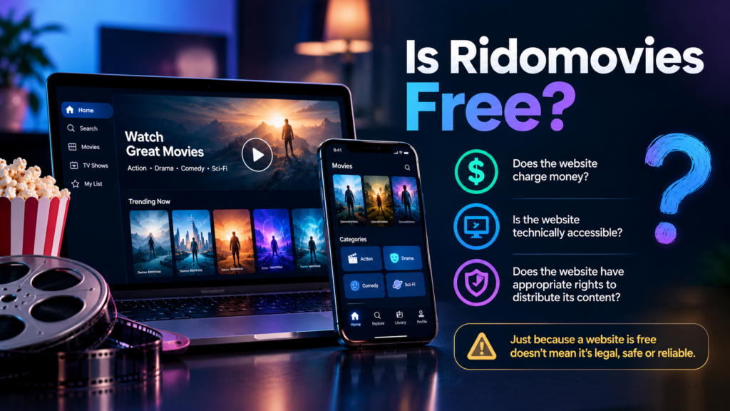 Cinematic Ridomovies infographic showing a laptop and smartphone streaming movies alongside questions about cost, accessibility, content rights, and online safety.